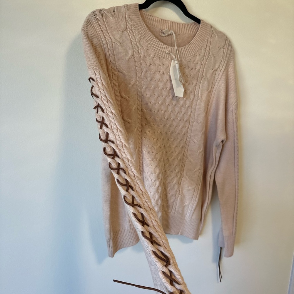 Hem & Thread Beige Sweater with Lace-Up Sleeve